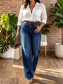 Celana Jeans Wanita Ukuran Besar Warna Biru dengan Potongan Lebar, Detail Kancing, Panjang, Bahan Sedang Elastis, Cocok untuk Dipakai di Musim Gugur - Biru tua - View 4