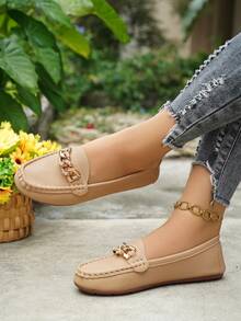 Women's Spring New Arrival Gold Chain Elegant Slip-On Loafers, Lightweight, Comfortable, Versatile Rubber Flat Shoes - Khaki - View 4