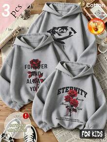 Fall/Winter 3 Pieces Set Girls' Fleece Hoodie Gray Long Sleeve Cotton Rose Print Graphic Y2K Style - Heather Gray+Heather Gray+Heather Gray - View 1