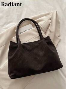 Vintage Large Capacity Solid Color Tote Bag, Lightweight Minimalist Shoulder Bag, Women Daily Commute Vacation Casual Handbag - Coffee - View 1