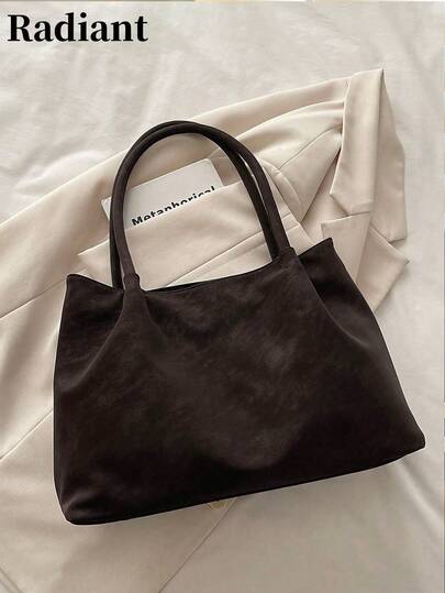 Vintage Large Capacity Solid Color Tote Bag, Lightweight Minimalist Shoulder Bag, Women Daily Commute Vacation Casual Handbag