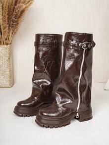 Women's Round Toe Thick Sole Metal Buckle Decor Slip-On Mid-Calf Boots, Fashionable Premium Autumn/Winter Glossy Textured Leg Boots - Brown - View 8