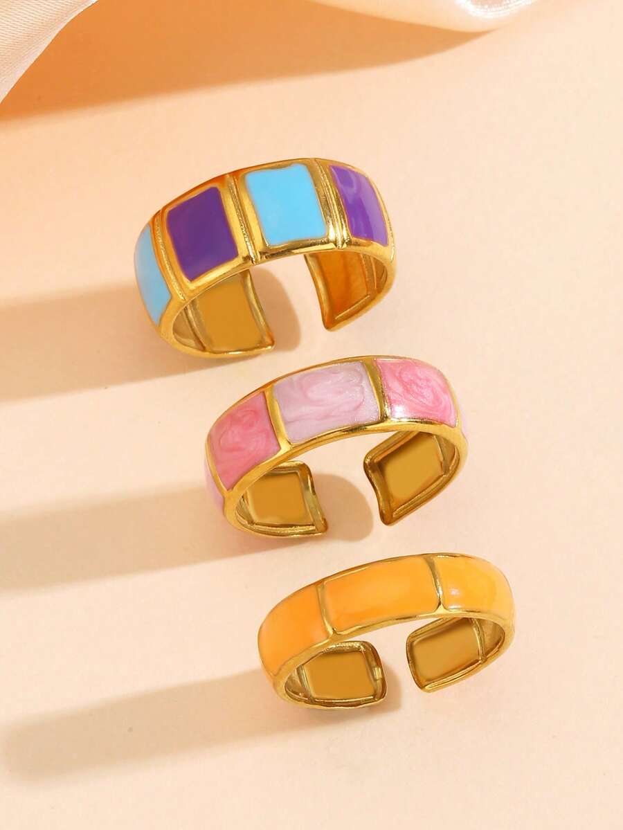 3pcs Stainless Steel 18K Gold Plated Geometric Bamboo Knot Design Oil-Filled Multicolor Open Ring Set, Minimalist Fashion Stackable Rings For Women's Daily Wear - Multicolor - View 1