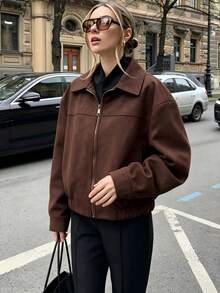 Women's Lapel Zip-Up Polyester Shacket, Long Sleeve Regular Length, Suitable For Autumn/Winter Wear - Brown - View 1