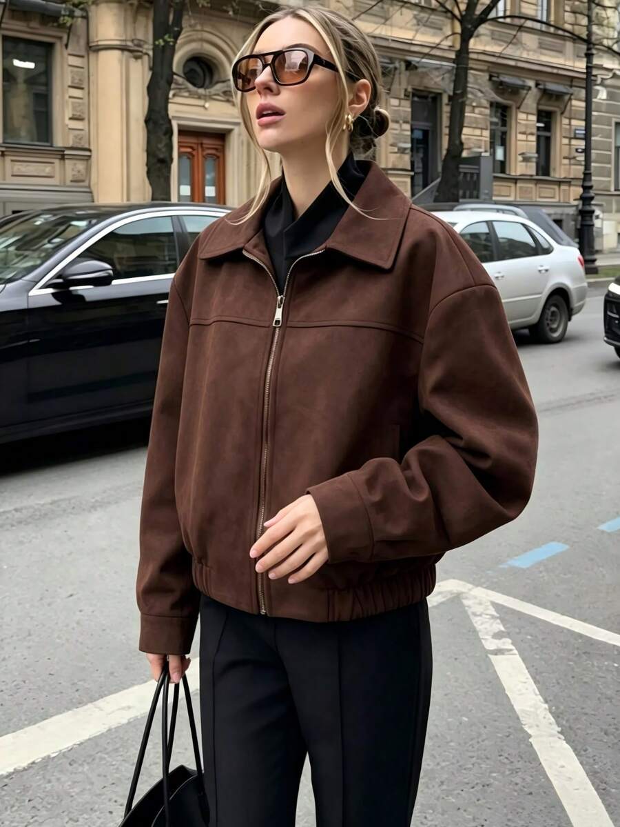 Women's Lapel Zip-Up Polyester Shacket, Long Sleeve Regular Length, Suitable For Autumn/Winter Wear - Brown - View 1