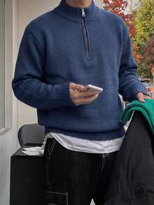 1pc Teen Boys' Fashionable Solid Color Comfortable Casual Pullover Sweater, Suitable For Outdoor, Layering Or Outerwear, Warm & Thick Knit, Autumn/Winter - Navy Blue - View 2