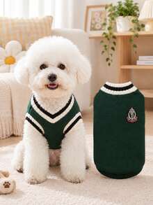 Polyester Round Neck Knitted Sweater, Breathable Thin Wool College Style, Suitable For Cats And Dogs To Wear Indoors And Outdoors All Year Round (Product Size Runs Small, Recommend Buying 1-2 Sizes Larger) - Green - View 2