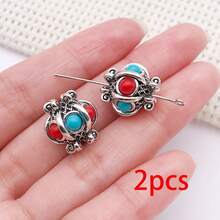 2pcs Carved Alloy Beads Dual Color Inlaid Gemstone Round Square Barrel Beads For DIY Handmade Mala Bracelet Necklace Craft Supplies - Multicolor - View 13