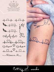 1pc Herbal Juice Semi-Permanent Magic Tattoo Sticker, Feather Heart ECG Pattern, Long-Lasting 14 Days, Non-Fading, Non-Reflective, Temporary Tattoo Sticker For Arm, Waist, Abdomen And Body - Blue - View 1