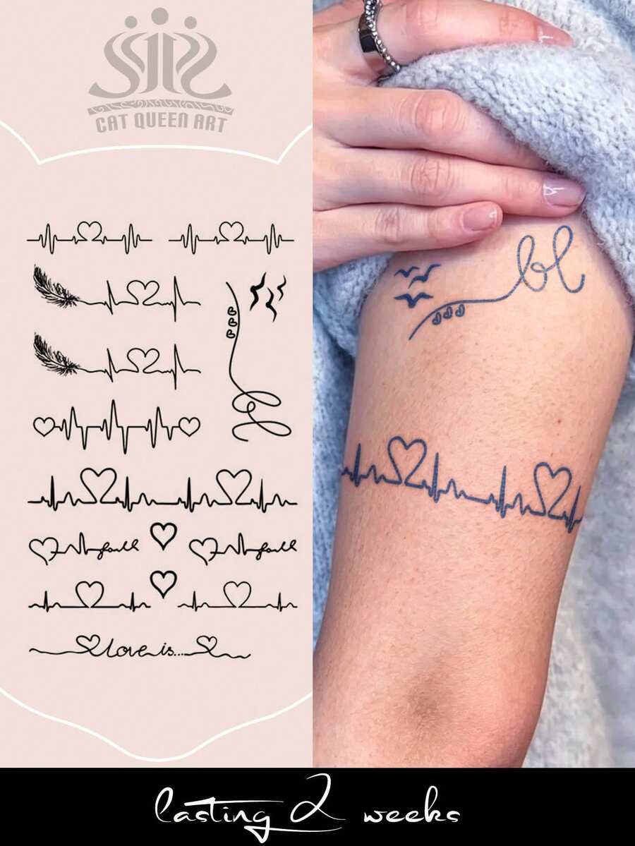 1pc Herbal Juice Semi-Permanent Magic Tattoo Sticker, Feather Heart ECG Pattern, Long-Lasting 14 Days, Non-Fading, Non-Reflective, Temporary Tattoo Sticker For Arm, Waist, Abdomen And Body - Blue - View 1