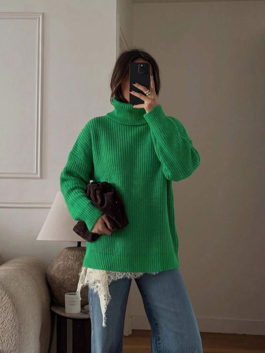 Women's Casual Fall Winter Turtleneck Rib Knit Tee Long Sleeve T-Shirt Loose Fit Pullover Tops For Everyday Going Out Vacation - Green - View 1