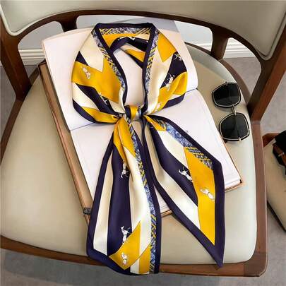 Yellow Navy Blue Geometric Print Satin Long Skinny Scarf Women  Ribbon Neck Scarf Hair Tie Bag Handle Wrap Fashion Accessory