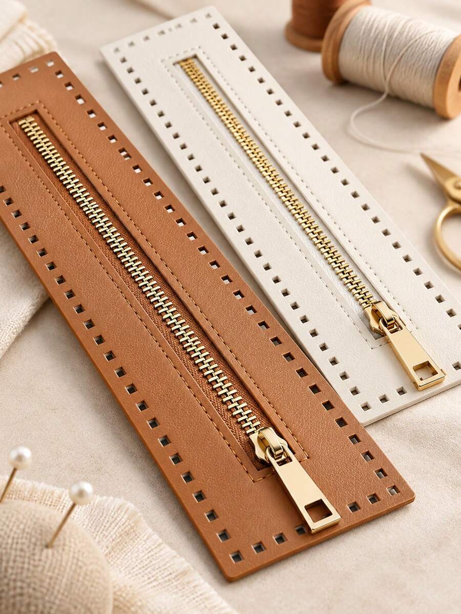 1pc PU Leather Zipper With Perforated Holes, Deep Blue Brown Beige Multicolor Crochet Bag Accessory, Suitable For DIY Wallet, Handbag Sewing Craft And Handmade Wallet Shoulder Strap, DIY Wallet Making Material, Craft Creator