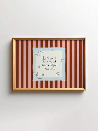 1 pieza Ilustración horizontal de arte caprichoso para guardería con rayas granates y la frase "Te amo hasta la luna", decoración de pared para dormitorio, decoración de guardería, decoración de habitación de bebé