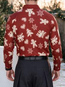 Men's Holiday Christmas Gingerbread Man All-Over Print Stand Collar Long Sleeve Shirt - Multicolor - View 4
