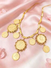 1 Necklace, 1 Pair Earrings, 1 Bracelet, 1 Ring Fashion Women's Round Portrait Gold Pendant Jewelry Set 4pcs Middle East Dubai Europe America Africa Bride Wedding Banquet Dress Accessories Dating Valentine's Day Mother's Day Halloween Christmas Holiday Gift Daily Wear - Yellow Gold - View 4