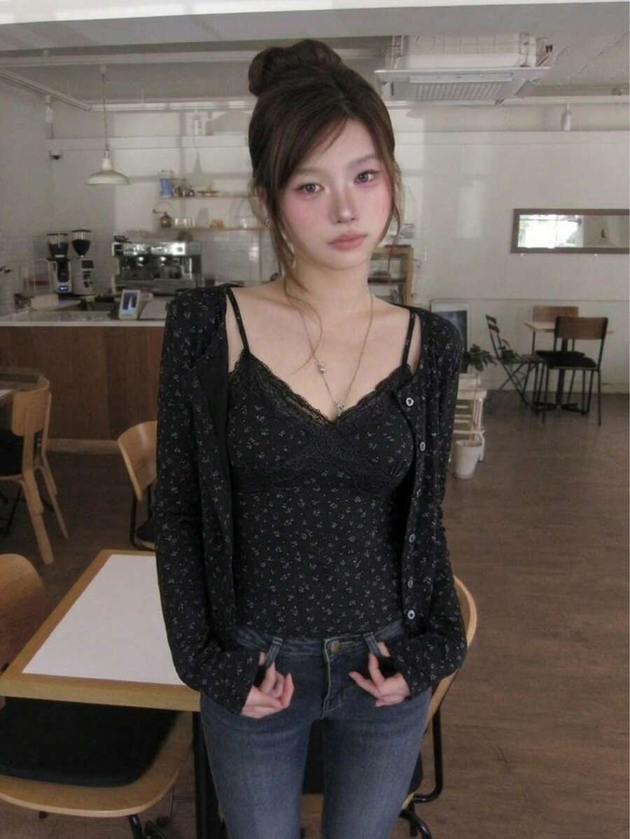 Korean Style Black Ditsy Floral 2 Pieces Set Women Lace Trim V-Neck Camisole + Long Sleeve Cropped Cardigan Slim Fit Versatile Outfit Spring Autumn - Black - View 1