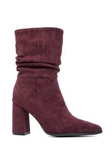 Mid-Calf Pleated Suede Ankle Boots With High Heels – - Burgundy - View 2