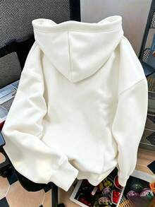 Y2K 軟妹風可愛貓咪印花女款運動衫，寬鬆落肩長袖套頭衛衣，休閒袋鼠口袋卡通爪印女上衣 - 白色A - 查看 2