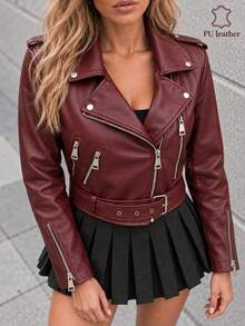 Women's Motorcycle Style Design Zipper Button Long Sleeve PU Material Jacket - Burgundy - View 4