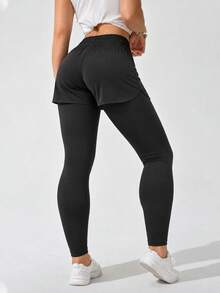 Women 2 In 1 High Waist Sports Leggings With Drawstring Layered Shorts Slim Fit Active Pants - Black - View 7