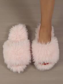 Zapatillas de dormitorio minimalistas y peludas de color negro para otoño/invierno, zapatillas esponjosas - Rosa Roja - Ver 1
