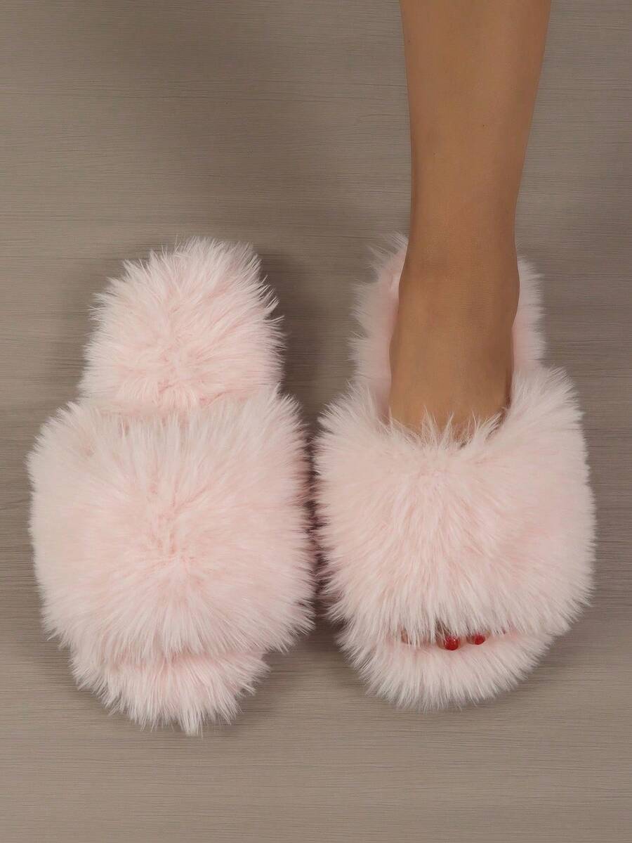 Zapatillas de dormitorio minimalistas y peludas de color negro para otoño/invierno, zapatillas esponjosas - Rosa Roja - Ver 1