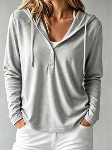 New Elegant Plus Size Women's Solid Color Button Hooded Drawstring Sweatshirt, Suitable For Daily Wear, Versatile Commute Long Sleeve Top - Light Grey - View 1