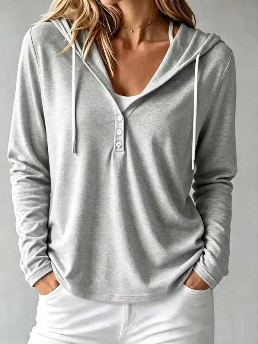 New Elegant Plus Size Women's Solid Color Button Hooded Drawstring Sweatshirt, Suitable For Daily Wear, Versatile Commute Long Sleeve Top - Light Grey - View 1