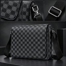 HOVI'S 1件裝黑灰格紋PU皮革男士斜挎包，大容量單肩包，翻蓋設計，多功能手機收納包，商務休閒風肩背包，輕便通勤包，適合旅行、辦公室、日常出行 - 黑色 - 查看 6