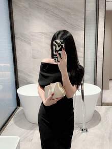 Elegant Champagne Metallic Satin Evening Clutch,Curved Hard Shell With Cross-Woven Stripes,Luxury Women Handbag,For Weddings,Banquets,Cocktail Parties - Apricot - View 10