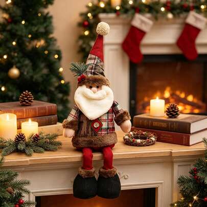 Christmas Brown Plush Extendable Leg Doll, Snowman & Reindeer Knitted Hat Plush Doll, Home Window Display Counter Scene Decor, Holiday Party Decoration Gift