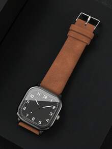 Men's Leather Strap Fashion Casual Square Minimalist Digital Scale Dial Classic Quartz Wrist Watch (1pc/Set) Watch Box Not Included - Brown - View 7