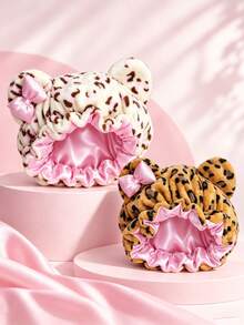Leopard Plush Bear Ear Sleep Bonnet, Thick Fuzzy Hat With Bow, Satin Lined Hair Protection Cap, Cute Night Hat, Holiday Gift For Women - Multicolor 1pc - View 1