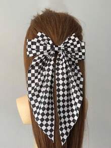 1/3pcs Women's Black & White Plaid Checkerboard Spring Hair Clips With Bows, Minimalist Satin Ribbon Ponytail Clips, Autumn Outfit Decorative Hair Accessories, Versatile Daily Hair Clips - Multicolor - View 5