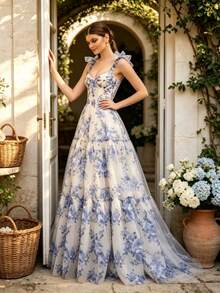 Vestido largo hombros al descubierto con lazos estampado floral organza falda multicapa amplia corsé ajustado estilo romántico ideal para boda fiesta graduación y eventos formales - Azul cielo - Ver 2
