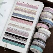 Pita Washi Renda Bergelombang, Motif Polkadot & Papan Ketik Piano, Pita Perekat Dekoratif Bergaya Vintage untuk Jurnal, Scrapbooking & Hiasan Album - A - View 3