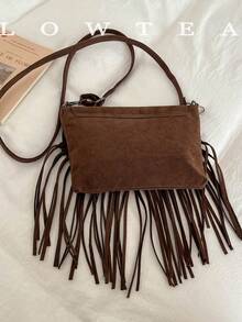 low tea 1pc Fashionable Tassel Suede Fabric Shoulder Bag, Suitable For Commuting, Shopping And More - Coffee - View 5
