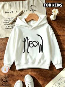 Girls' Hooded Sweatshirt, Cat Line Art Letter Print Long Sleeve Pullover Sweatshirt, Casual Loose Fit Autumn/Winter Style For Tween Girls - White - View 11
