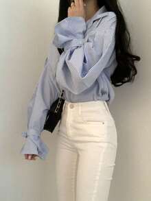 Women's Casual Summer Loose Open-Front Striped Long Sleeve Shirt With Collar, Niche Design - Blue - View 4