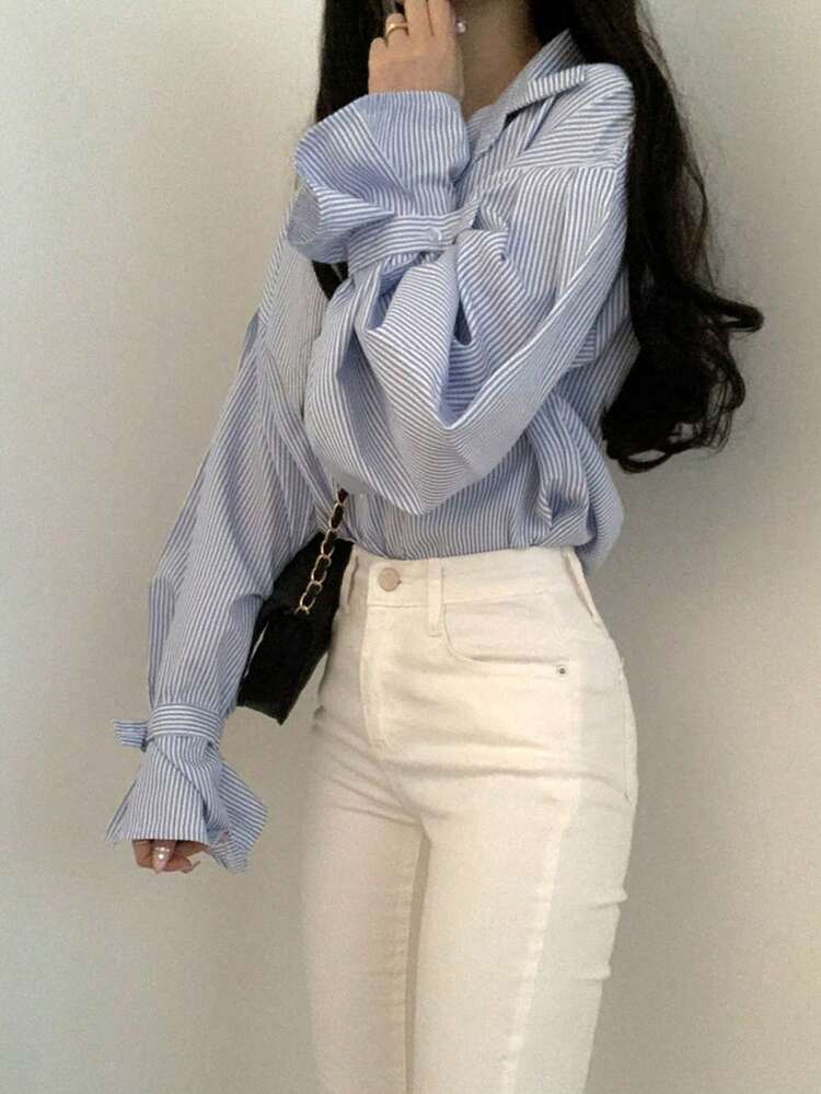 女款休閒夏季寬鬆開襟條紋長袖襯衫，領口設計，小眾風格 - 藍色 - 查看 4