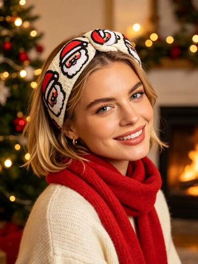 1pc Women's Autumn/Winter Cute Santa Claus Embroidered Knotted Wide Headband, Knitted Towel Ring Holiday Headpiece Party Hair Accessory, Cream Color Textured Padded Hairband, Christmas Party Festive Atmosphere Outfit Hair Accessory
