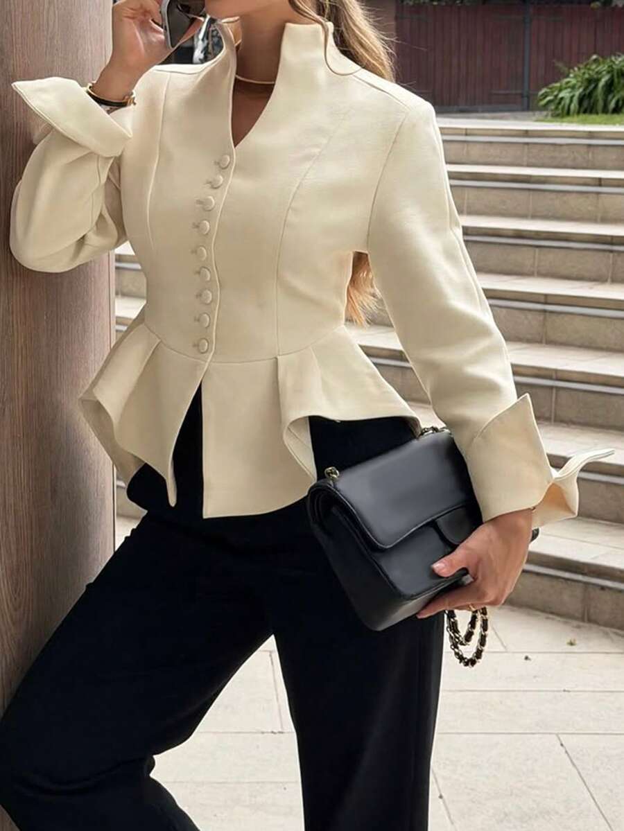 Unadoll Women's Autumn Elegant Stand Collar Single-Breasted Ruffle Trim Blazer, Long Flare Sleeve Slim Fit Formal Jacket, Suitable For Office, Daily And Outings - Off White - View 1