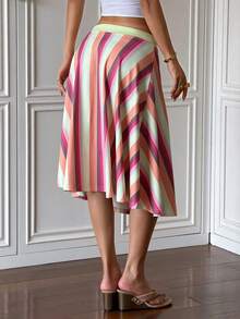 American Vintage Y2K Colorful Contrast Vertical Striped Mid-Length A-Line Skirt For Women, Low Waist Drawstring Elastic Waist Casual Draped Umbrella Skirt For Vacation - Multicolor - View 6