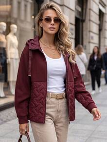 Women's Oversized Hooded Jacket, Quilted Panel, Zip Front, Adjustable Hood, Zip Pockets - Burgundy - View 6