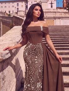 Women's Formal Cold Shoulder Ball Gown, Elegant Knit Maxi Dress With Rhinestone Embellishments And Ruffle Details - Brown - View 6