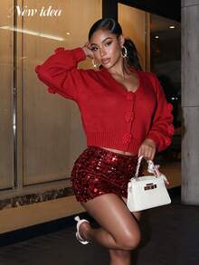 New Idea Women's Red Autumn Knit Cardigan, V-Neck Long Puff Sleeve 3D Floral Button Short Elegant Sweater, Suitable For Party - Red - View 1