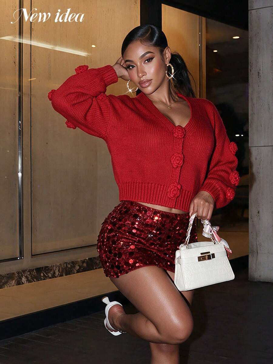 New Idea Women's Red Autumn Knit Cardigan, V-Neck Long Puff Sleeve 3D Floral Button Short Elegant Sweater, Suitable For Party - Red - View 1