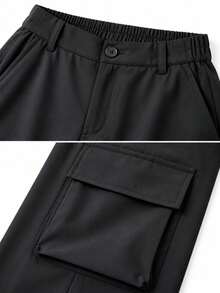 Women's Elastic Waist Wide Leg Cargo Pants, Casual Solid Color Multi-Pocket Loose Straight Leg Streetwear Long Pants - Black - View 4