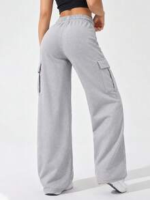 Women's High Waist Thermal Lined Cargo Sweatpants With Drawstring Elastic Waist And Side Pockets Wide Leg Casual Pants - Light Grey - View 4